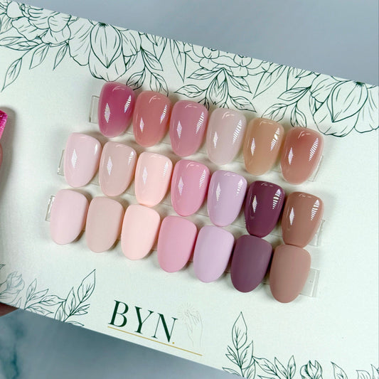 showing 13 base neutral shades of colour options for neutral and french tip designs.