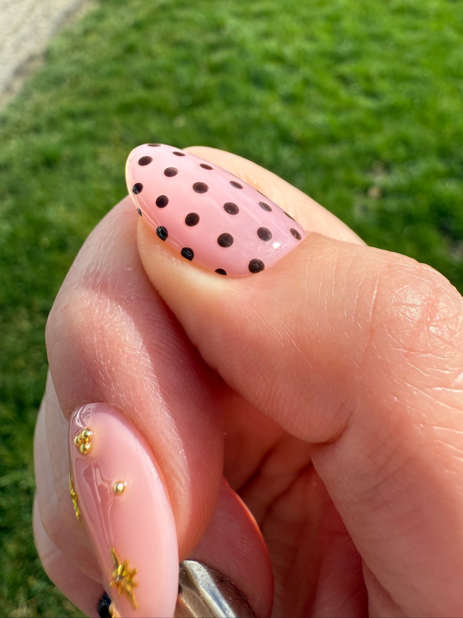 Close-up of a hand with pink nail polish with deep brown polka dots against a green grass background
