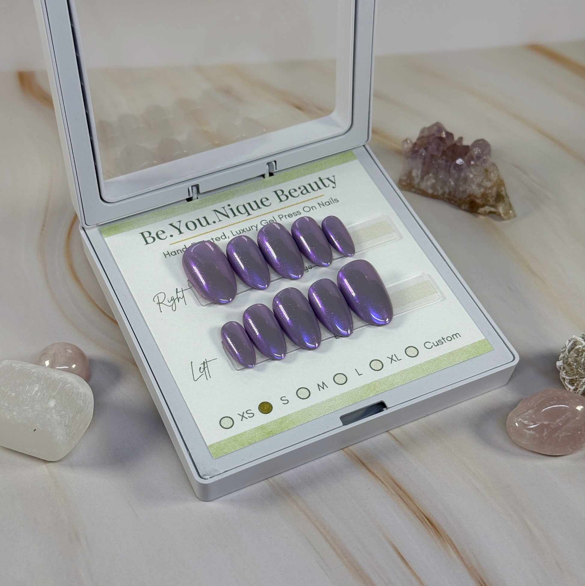 Lavender Dreams spring press-on nail set with solid lavender periwinkle nails subtle shimmer iridescent chrome and glossy topcoat handmade in Canada by BYN Beauty