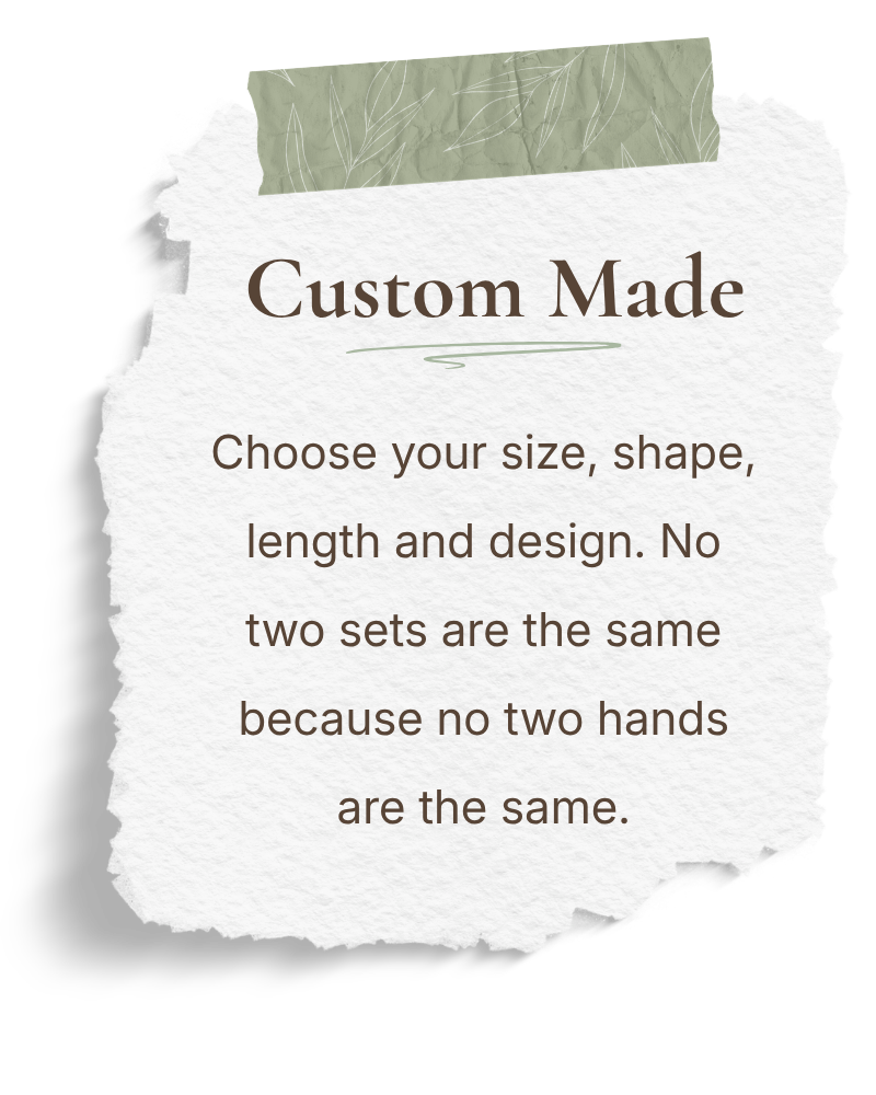 Three handmade custom press-on nail sets showing different sizes shapes and lengths made to order in Canada by BYN Beauty